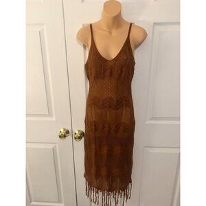 Almost Famous Womens Brown Crochet Dress with Fringe M